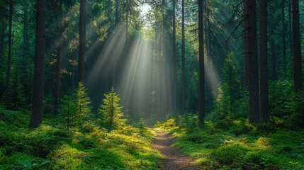 Obraz premium Sunlight streams through a dense forest path