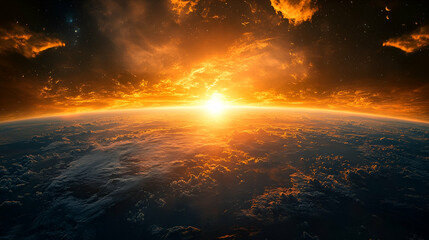 Dramatic sunrise over planet earth seen from space.