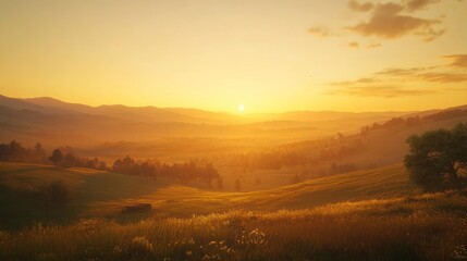 Obraz premium Golden sunrise over rolling hills and meadows. Sunrise landscape with hazy mountains in the background. 