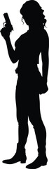 Black silhouette of a woman holding a gun on a white background.