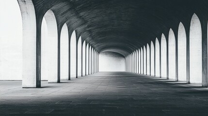 A black and white photograph of a long, arched hallway with columns on either side.