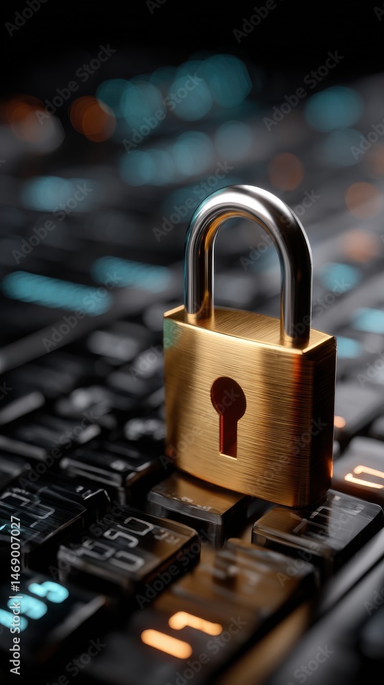 Poster padlock secure data on computer keyboard cyber security digital protection privacy concept