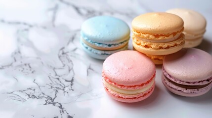 Colorful French Macarons on Marble Surface with Soft Lighting