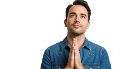 Man praying with hopeful expression transparent background