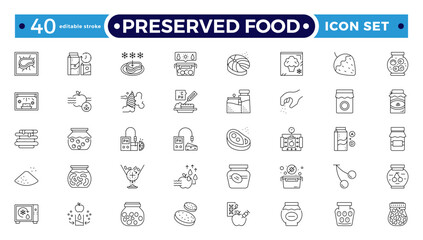 Preserved food outline icons. Fast food vector icon line set. Burger sandwich pizza hot dog cola coffee sweets. Editable stroke outline icon. 
