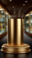 Golden Cylinder Podium Display with Blurred Showcase Background for Product Promotion