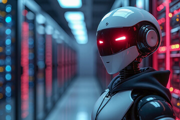 Suspect white AI robot wear hood jacket standing in data center server modern office working room in concept of cyber security hacking risk and privacy leak in cloud computing technology solution