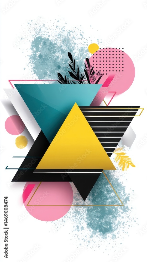 Poster modern abstract geometric composition with triangles circles and watercolor texture on white backgro