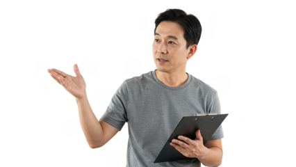 Man presenting on black background transparent background