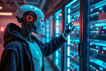 Suspect white AI robot wear hood jacket standing in data center server modern office working room in concept of cyber security hacking risk and privacy leak in cloud computing technology solution