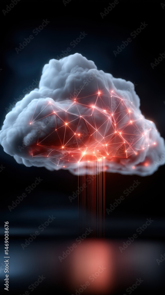 Poster cloud computing network with glowing connections data streams and information processing visualizati