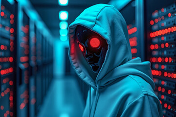 Suspect black AI robot wear hood jacket standing in data center server modern office working room in concept of cyber security hacking risk and privacy leak in cloud computing technology solution