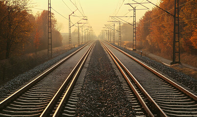Fototapeta premium Misty sunrise over empty railway tracks through autumnal trees