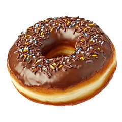 Decadent chocolate covered donut with sprinkles perfectly styled for a sweet treat to satisfy your cravings isolated on transparent background..