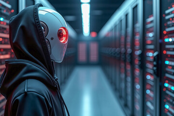 Suspect white AI robot wear hood jacket standing in data center server modern office working room in concept of cyber security hacking risk and privacy leak in cloud computing technology solution