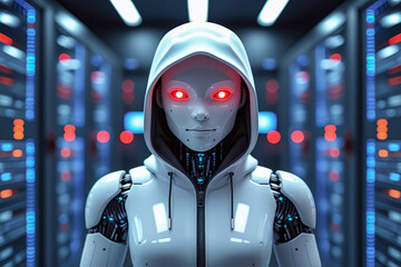 Suspect white AI robot wear hood jacket standing in data center server modern office working room in concept of cyber security hacking risk and privacy leak in cloud computing technology solution