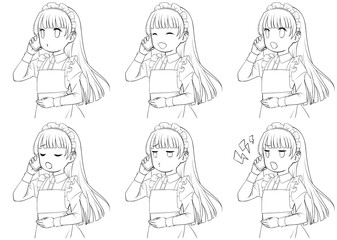 スマホで電話をかけるメイドの線画・様々な表情6種類セット