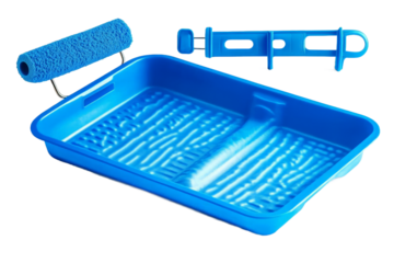 A vibrant blue paint tray and roller set, designed for home improvement projects, displayed against a clean white background, ideal for DIY enthusiasts and interior decorators