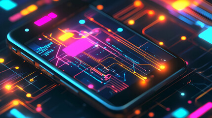 Futuristic Smartphone Display with Neon Circuitry