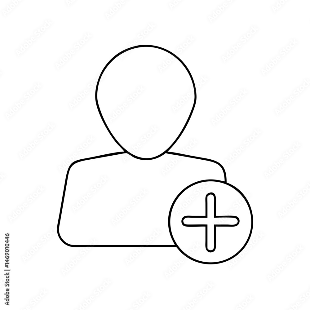 Poster user icon with add button in minimalist style, contour icon, thin line