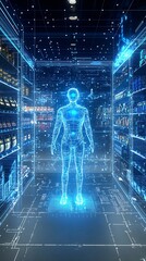 A futuristic digital rendering of a human figure in a shopping aisle with glowing elements