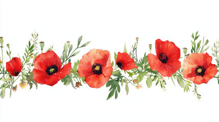 Watercolor botanical illustration of vibrant red poppy flowers with green leaves, creating beautiful floral border