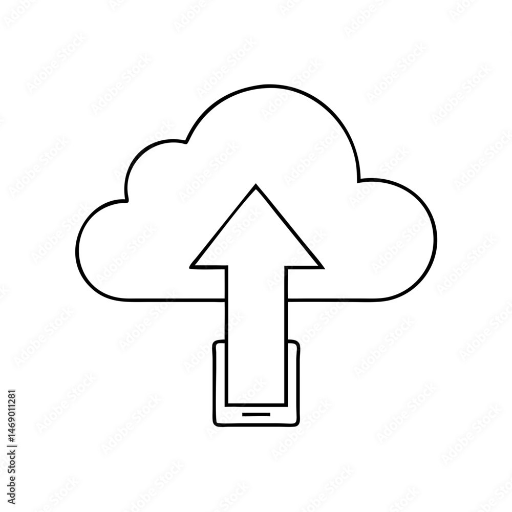 Poster cloud upload icon with arrow and mobile device outline, contour icon, thin line