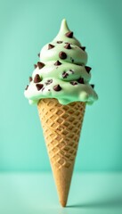 Delicious Mint Chocolate Chip Ice Cream Cone on Cool Light Teal Background
