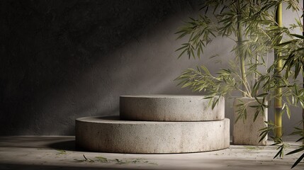 Fototapeta premium Textured Stone Podium with Bamboo Accents in Soft Natural Light