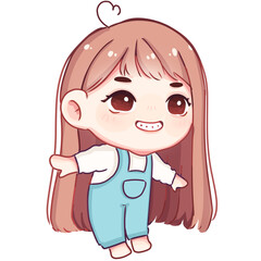 Hand-Drawn Digital Illustration of a Cute Cartoon Girl with Long Hair and Casual Outfit – Happy Children Character on Transparent Background