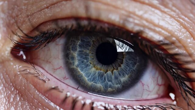 Macro sequence revealing detailed pupil movements, dilation, and constriction in woman's eye, displaying complex visual anatomy and physiological responses
