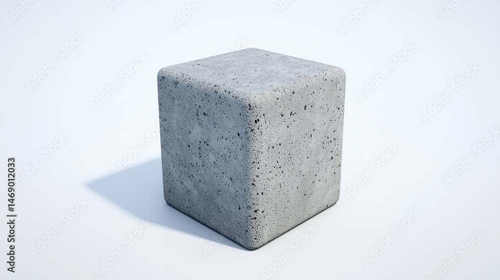 Poster a gray cube with a rough texture and small black dots sits on a white background.