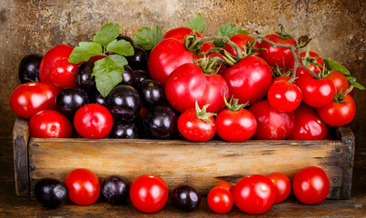 Ripe red tomatoes and dark plums overflow a rustic wooden crate, creating a vibrant harvest display