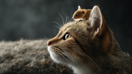 Cat and mouse friendship captured in a playful moment with a small mouse perched atop a cat's head in a cozy indoor setting