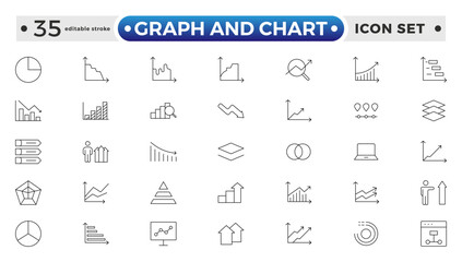 Growing bar graph and Chart outline icon set. Business graphs and charts icons. Statistics and analytics vector icon. Statistics and data, charts diagrams, money. Editable stroke outline icon. 