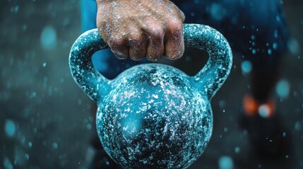 Close-up of a person's hand holding a kettlebell outdoors.