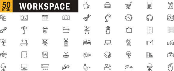 Workspace outline icon set. Office, desk, computer, keyboard, coffee, printer, lamp, chair, files, and work tools and more.