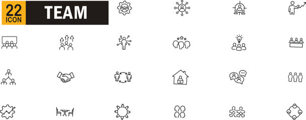 Team outline icon set. Collaboration, meeting, leadership, management, communication and more.