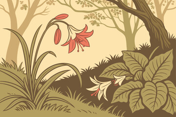 185 detailed botanical illustration, rich colors, realistic floral motifs, dense foliage, lush undergrowth, organic textures, intricately patterned background, whimsical natural elements, vibrant wild