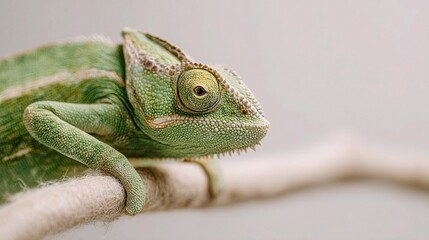 Fototapeta premium Close-Up Portrait of a Green Veiled Chameleon on a Branch
