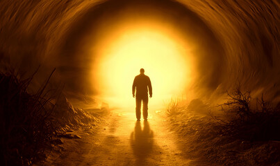 Fototapeta premium Silhouette of person standing at end of dark tunnel, bathed in bright golden light, creating mysterious atmosphere