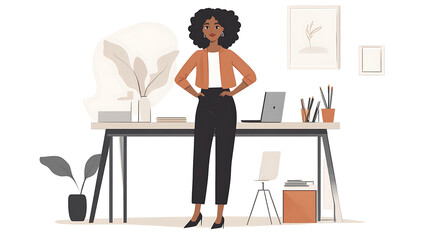 A woman stands in front of a desk with a laptop and a potted plant