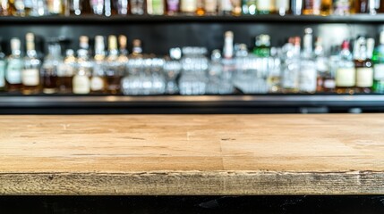 Wooden Bar Counter in Front of Shelves Filled with Various Spirits