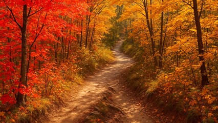 紅葉の登山道と秋の陽光
