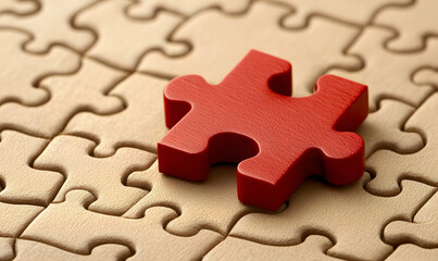 Single red puzzle piece stands out on a board of neutral pieces, symbolizing uniqueness and problem-solving