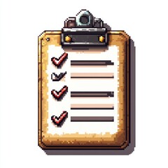 Pixel art checklist clipboard; task management; white background