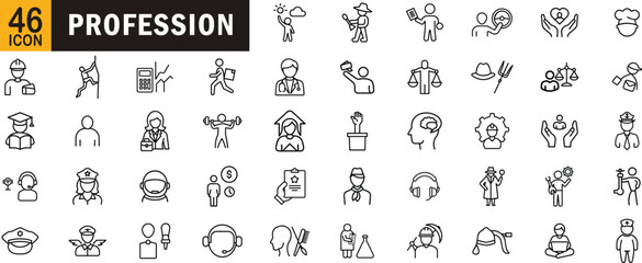 Profession editable outline icon set. Occupations, jobs, careers, roles, employment types, medical, law, science, service, education and more.