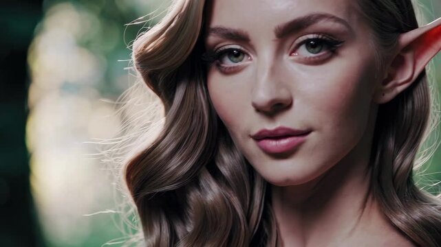Mystical forest elf woman with enchanting eyes and elven ears in lush greenery