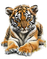 Fototapeta premium Realistic Baby Tiger Lying Down on White Background