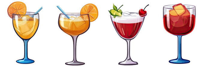 4 types of drinks with varied shapes isolated on transparent background. Vector graphics for mixology guides, party posters, beverage menus